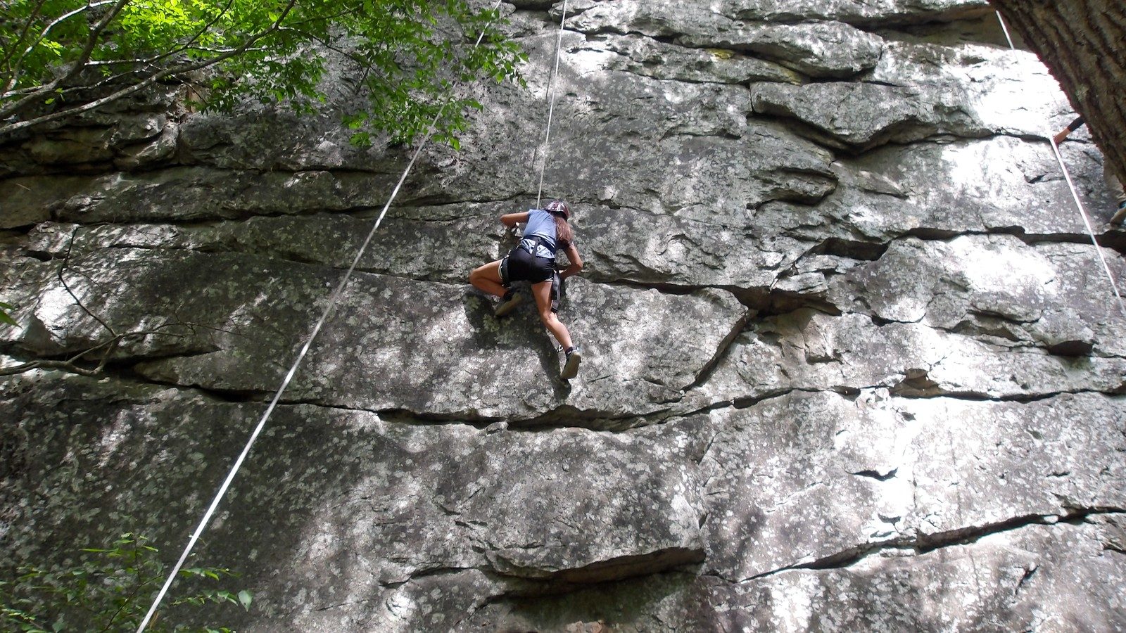 A climber on a rope working up a tall gray rock face