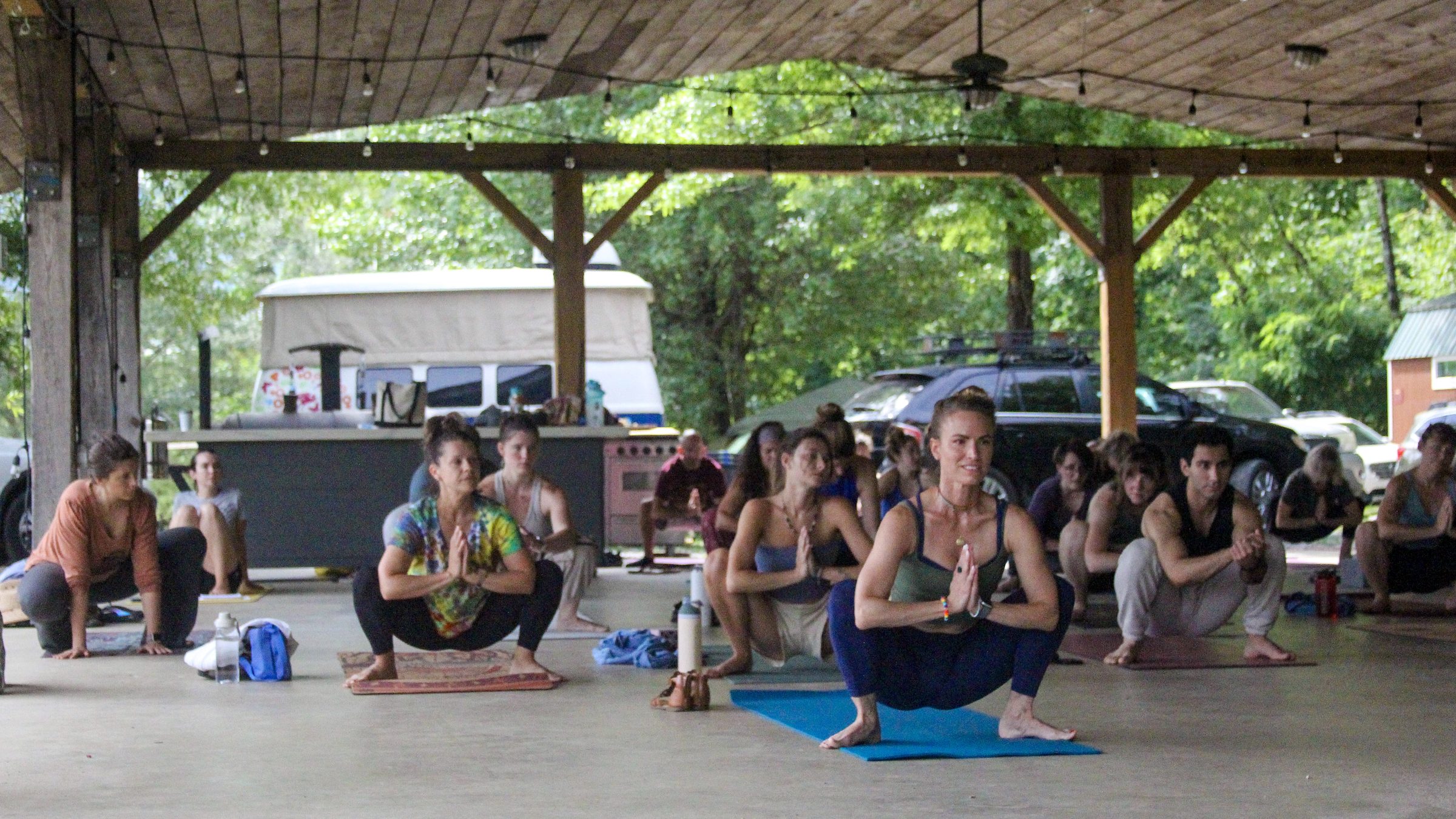 A large yoga class practicing on the lawn by the trees at Yoga Venture